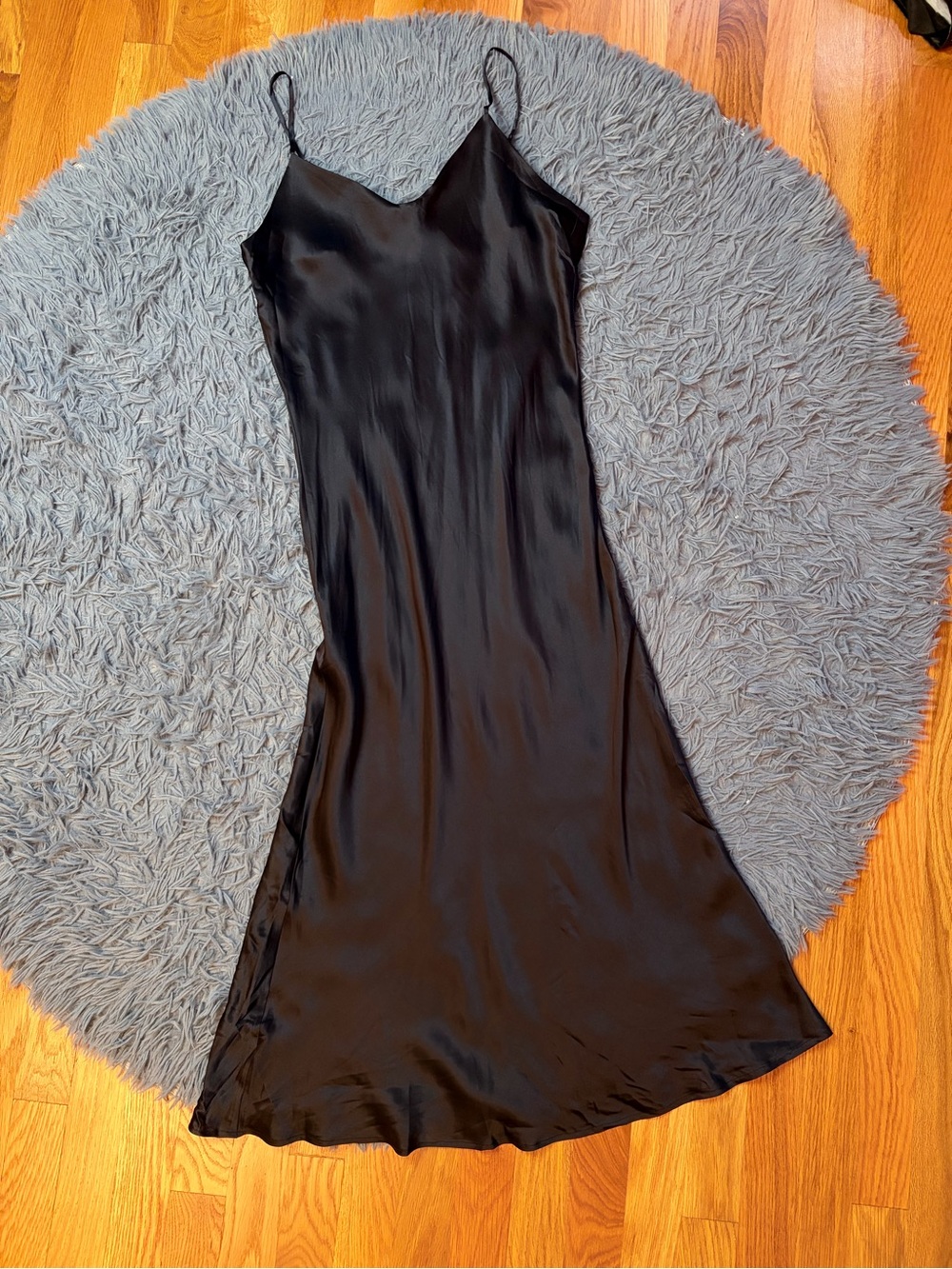 WinterSilks Black 100% Silk Slip Midi Dress Spaghetti Straps Size S